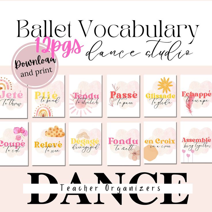 the dance poster is shown with different font styles and colors, including pinks, oranges