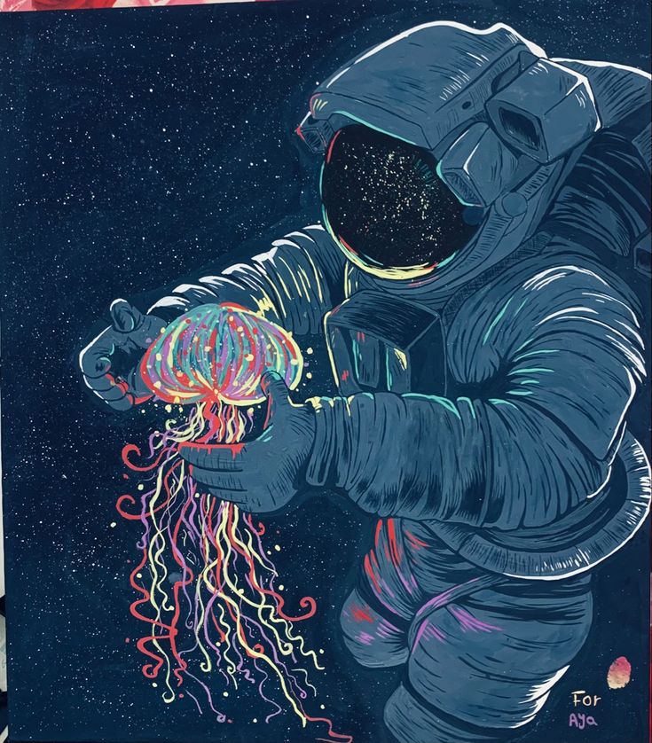 an astronaut holding a jelly fish in his hand and looking at it's surroundings