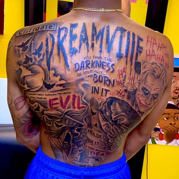 the back of a man with tattoos on his body