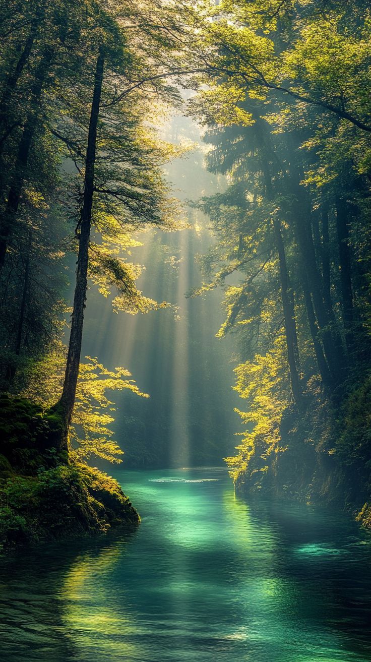 the sun shines brightly through the trees and water in this beautiful, green forest