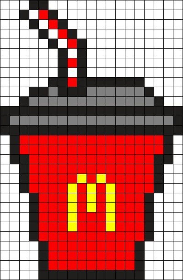 a pixellated image of a red bucket with a black top and yellow dots on it