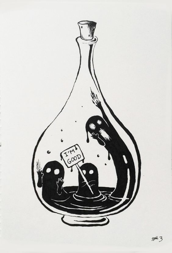 a black and white drawing of an oil bottle with two people in it holding a sign