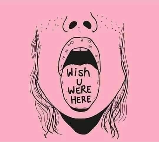 a woman's mouth with the words wish u were here on it