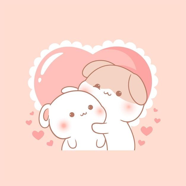 a couple of bears hugging each other on a pink background with hearts in the shape of a heart