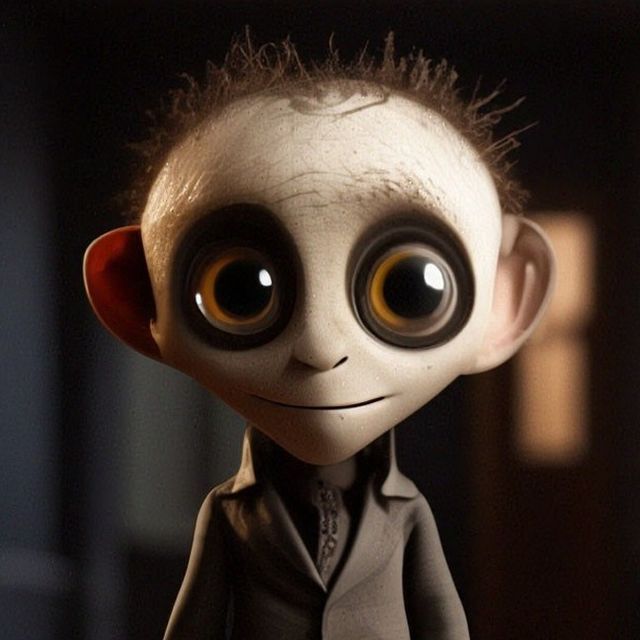 a close up of a doll wearing a suit and tie with big round brown eyes