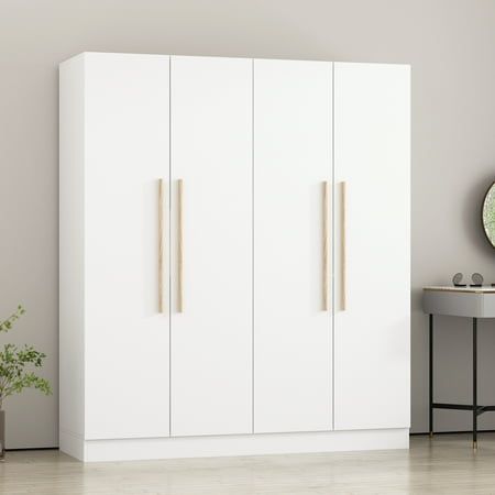 a white cabinet with two doors and some plants on the side table in front of it