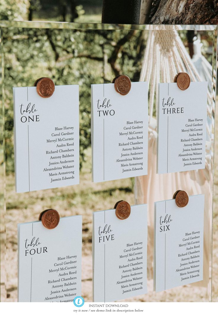 wedding seating cards hanging from a tree