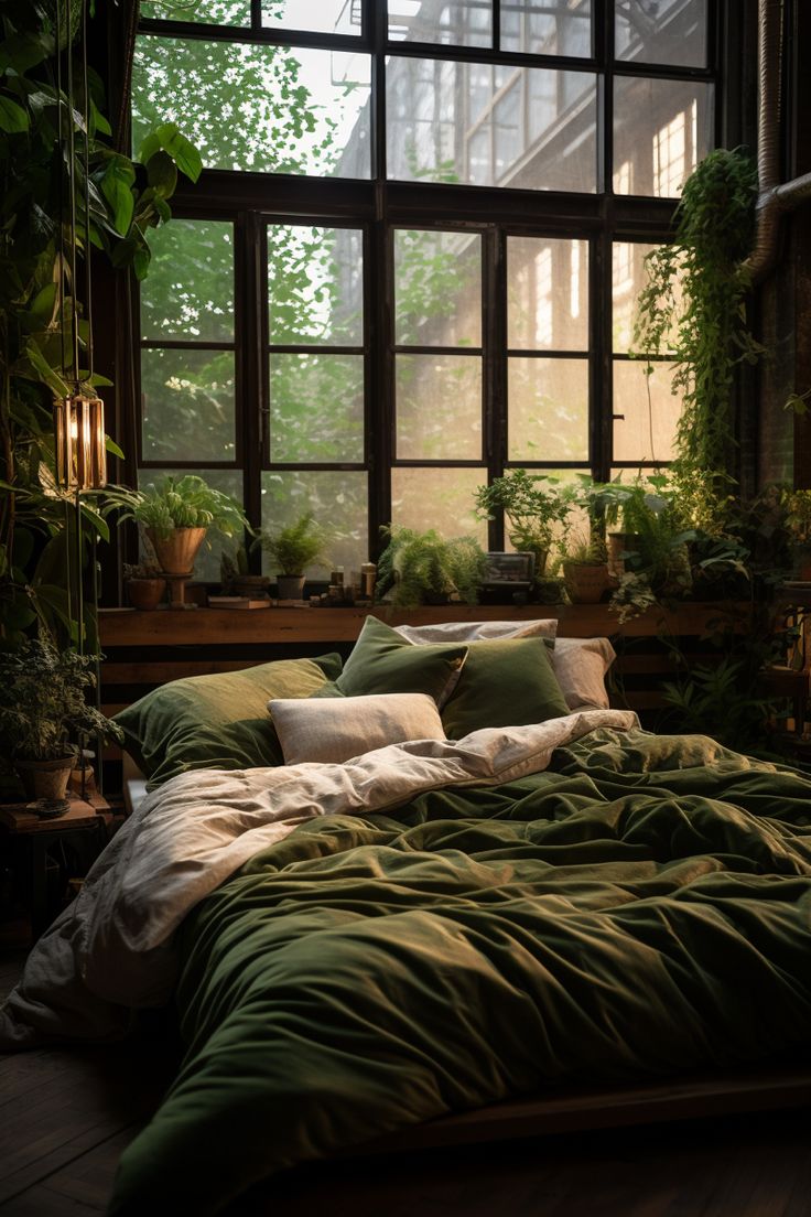 an unmade bed with green sheets and pillows in front of a large window filled with potted plants