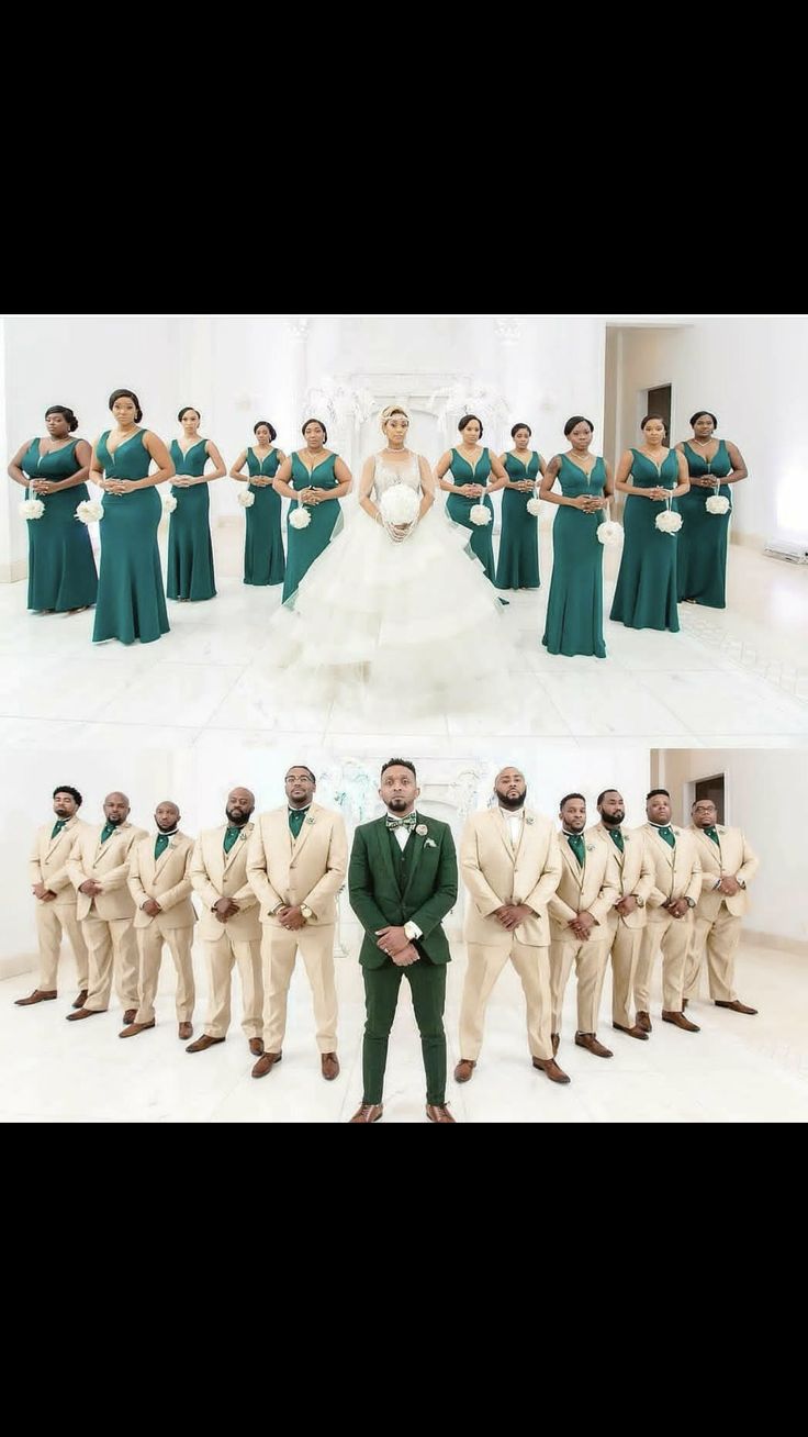 two different shots of a man and woman in wedding attire standing next to each other