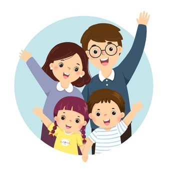 a family is posing for a picture with their arms in the air