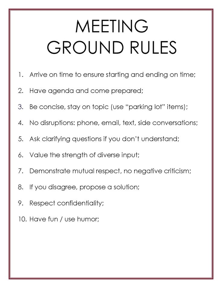 a poster with the words meeting ground rules in red and white on it, next to a