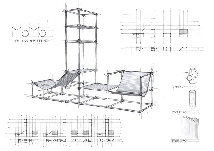 an architectural drawing of a chair and shelf