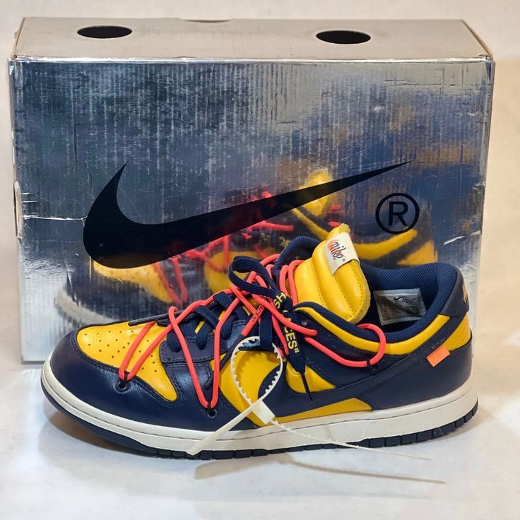 Nike Dunk Low Off White “Michigan” Size 11.5m Euc With Box Style: Ct0856-700 Colorway: University Gold/Midnight Navy-White Release Date: 12/20/2019 Includes The Yellow "Off-White" Paper, White "Off-White" Zip Tie Virgil Abloh Pays Homage To Skate Culture’s Adoption Of 1980’s Nike Basketball Silhouettes With The Nike Dunk Low Off-White Michigan, Now Available On Stockx. When Nike Unveiled The Dunk As The Centerpiece Of Their Nike College Color’s Program In 1985, Seven Different Colleges Were Represented In The First Colorways Offered, With Michigan Was One Of The First Schools. Dunk Low Off White, Nike Dunk Low Off White, Basketball Silhouette, College Colors, Skate Culture, Nike Basketball, Midnight Navy, Virgil Abloh, Nike Dunk Low