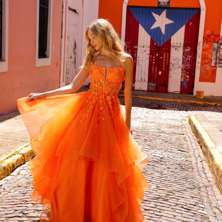 Prom Dress Sheer, Ballgown Prom Dress, Sequin Corset, Layered Gown, Orange Prom Dresses, Ruffle Prom Dress, Floor Length Prom Dresses, Prom Dress Stores, Prom Dresses Sleeveless