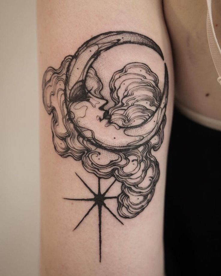 a woman's thigh with a crescent and stars tattoo on the side of her leg