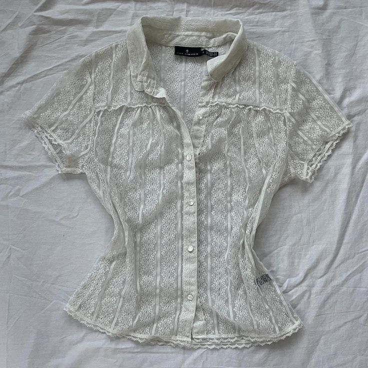 Coquette sheer lace button up blouse. Short sleeve.... - Depop Coquette Button Up Shirt, Lace Button Up, Vintage Button Up, Hp Shifting, Cottagecore Shorts, Lace Button Up Shirt, Sensory Design, Lace Clothes, Thrift Board