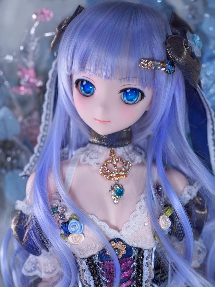 a doll with blue eyes and long purple hair