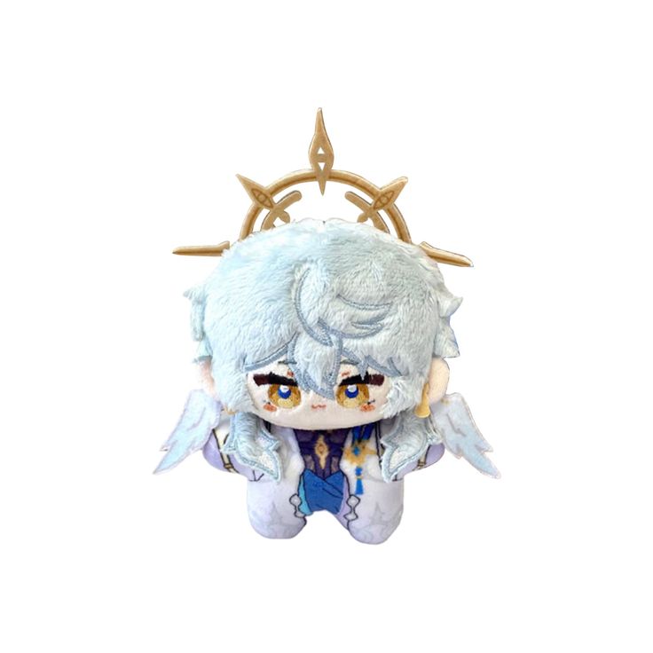 a stuffed animal with horns and wings on it's head, sitting in front of a white background