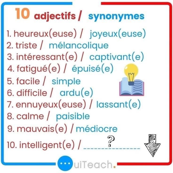 a sign with words written on it that say 10 adjectits / syonymes