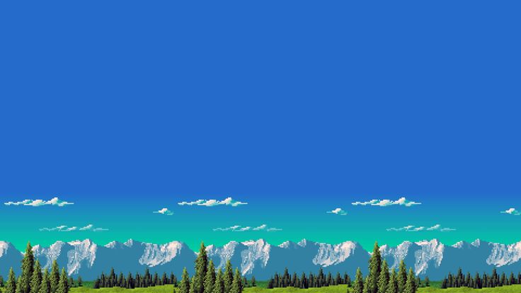 an old - school video game with mountains and trees in the background, as well as blue skies