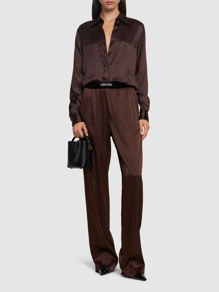 Front button closure. Button cuffs. Model is wearing a size38 Tom Ford Logo, Satin Pajama Pants, Silk Pajama Pants, Silk Pajamas Women, Ford Logo, Satin Pajama, Versace Brand, Satin Pajamas, Silk Pants