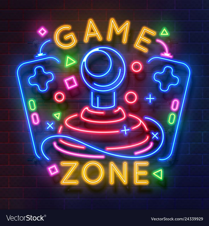 game zone neon sign on brick wall with glowing text and video game controller in the center