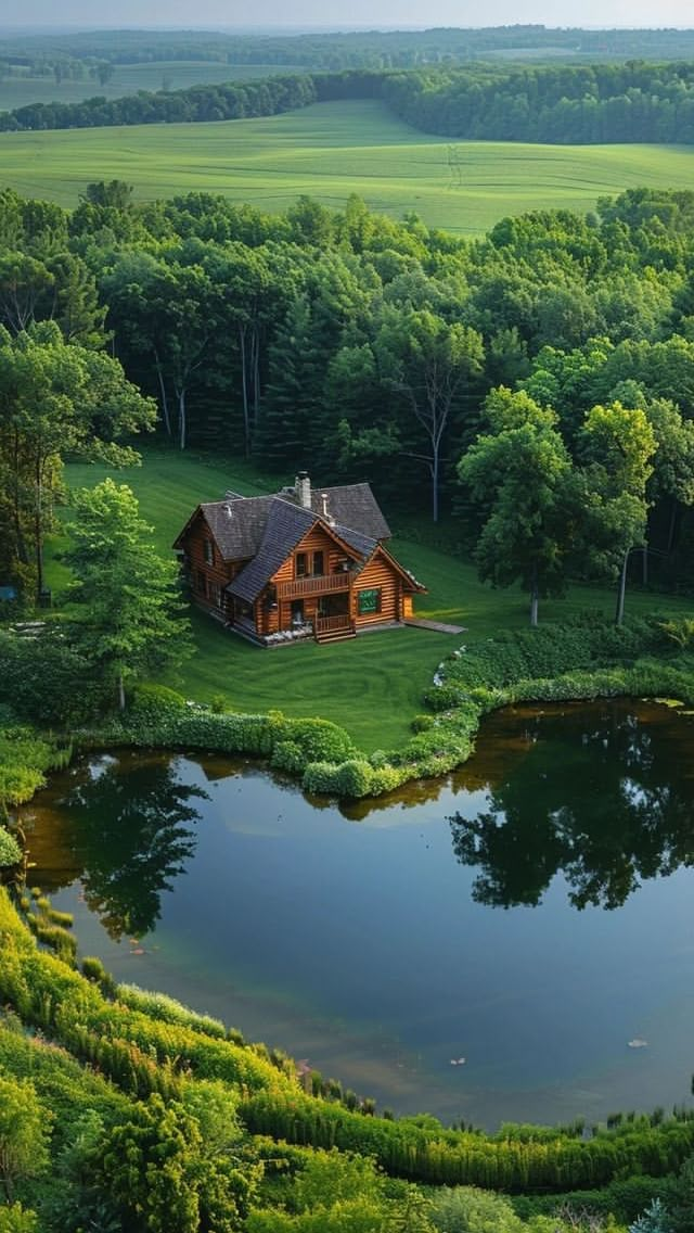 an aerial view of a house in the middle of a forest with a pond and lush green trees surrounding it