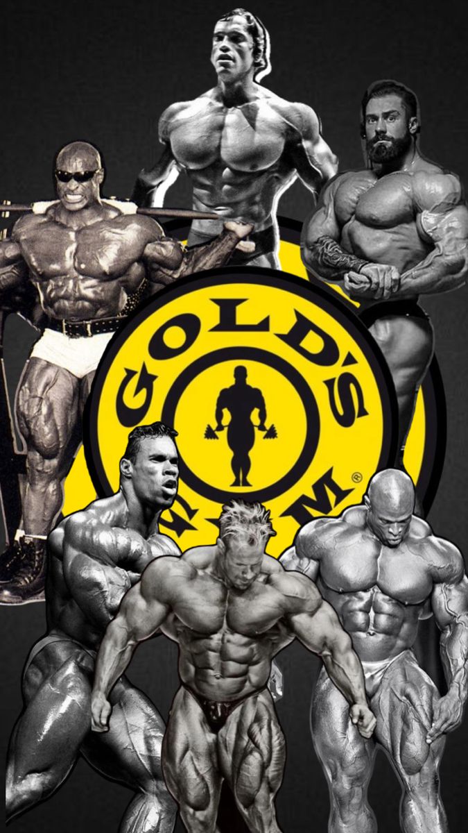 an image of a group of bodybuilding men with the words gold's gym on it