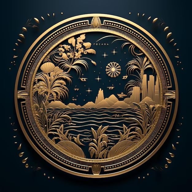 a gold plate with an image of the ocean and palm trees on it's side