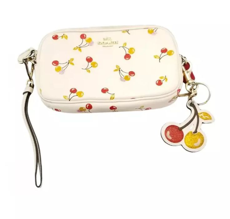 Coach White Cherry Print Crossbody/Wristlet With Cherry Charm | eBay Glitter Cherries, Cherry Charm, Cherry Design, White Cherries, Cherry Print, Charm Set, Split Ring, Dog Leash, Coach Purses