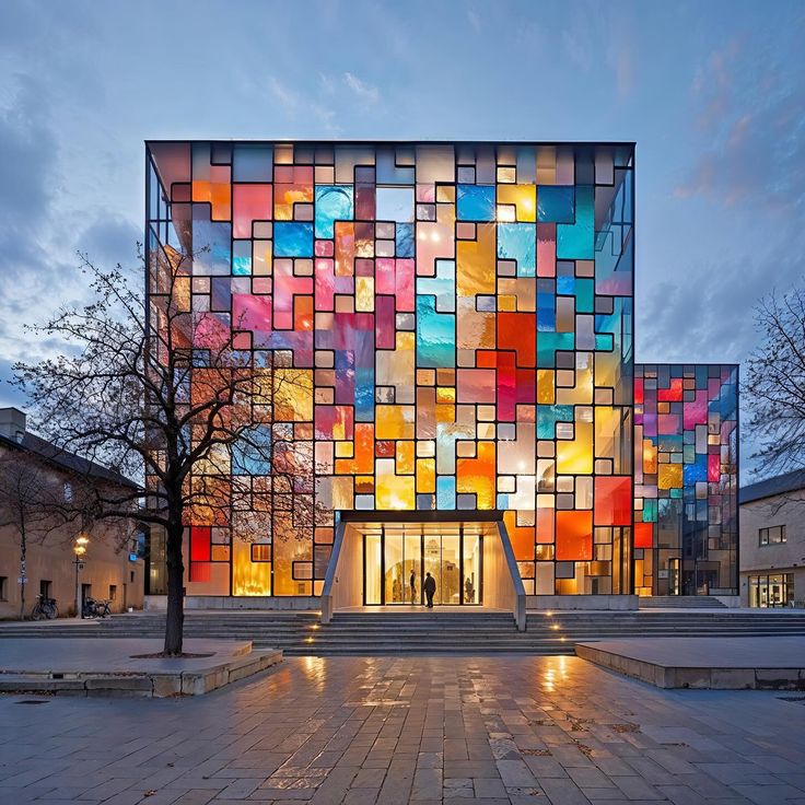 the colorful building has many windows on it's front and side walls, which are lit up at night