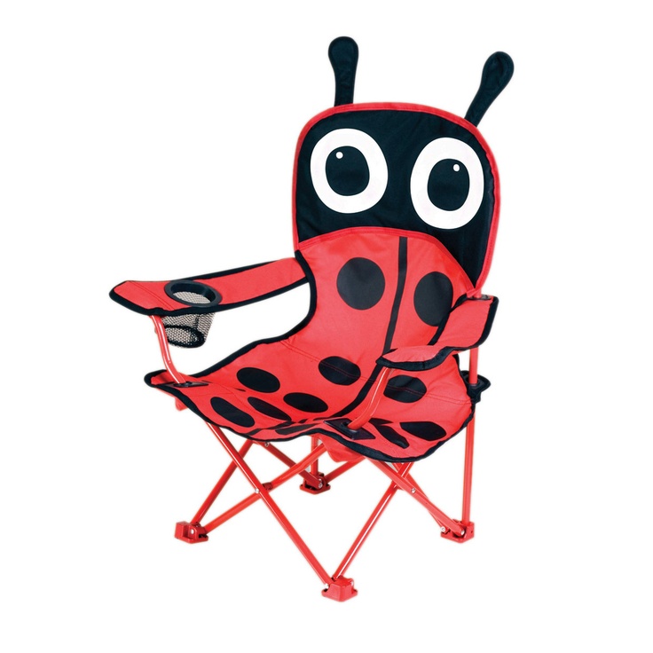 a red and black chair with a lady bug on it's back legs, sitting in front of a white background