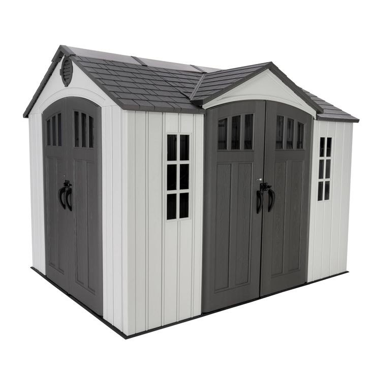 an outdoor storage shed with two doors and windows on the side, in grey and white