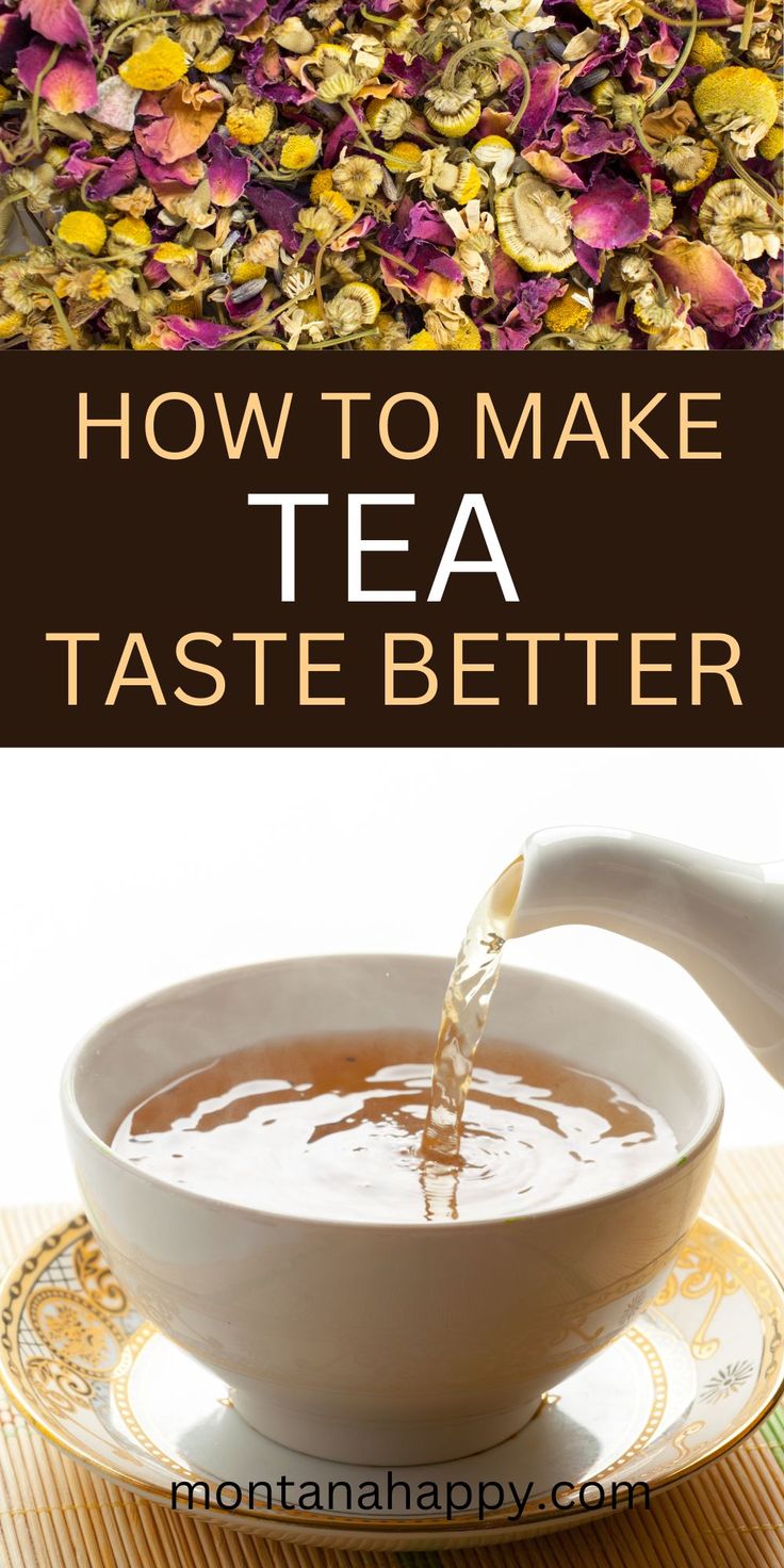 how to make tea taste better with flowers and leaves on the side, in a white bowl