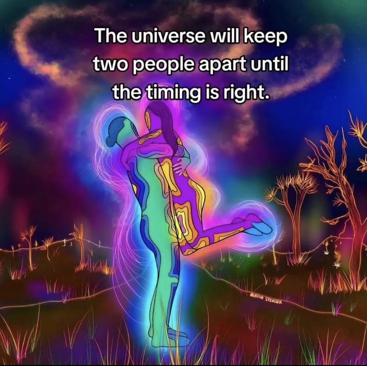 a person standing in the middle of a field with a sky background that says, the universe will keep two people apart until the thing is right