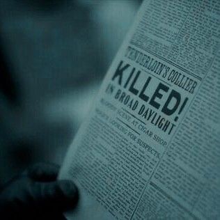 a person reading a newspaper with the words killed in bad daylight written on it's front page