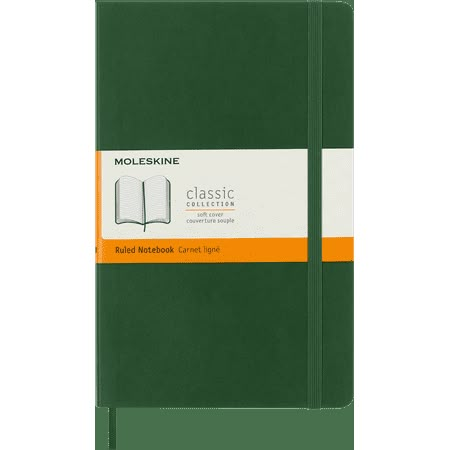 a green notebook with an orange stripe on the front and white pages, sitting in front of a white background