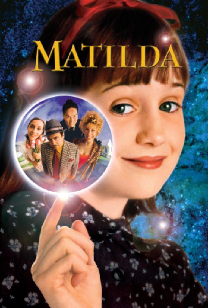 the movie matilda is shown in front of a blue background with stars and sparkles