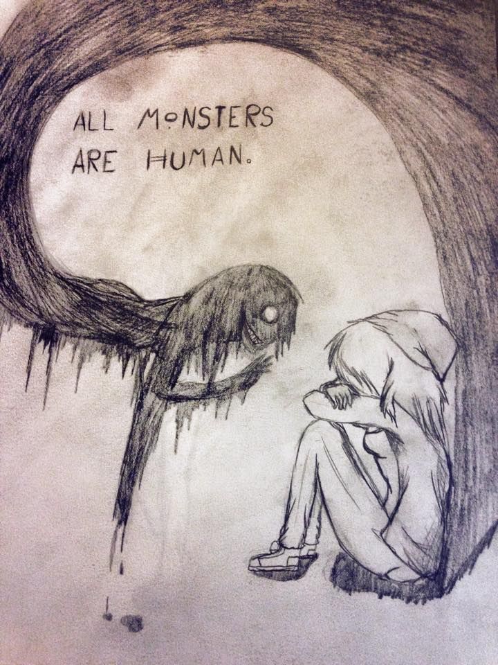 a drawing of a man sitting in front of a tree with the words all monsters are human