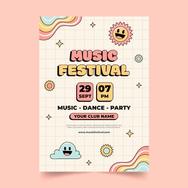 the music festival flyer is displayed on a pink background with clouds, sun and clouds