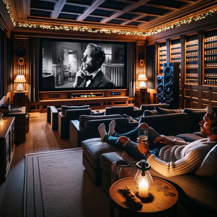 two people sitting on couches in front of a large screen with a man watching tv