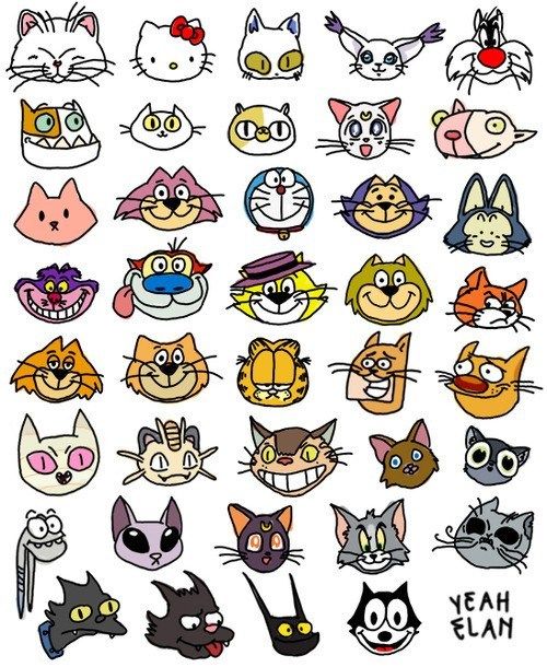 a bunch of cartoon cats with different facial expressions on their faces and eyes, all in various colors