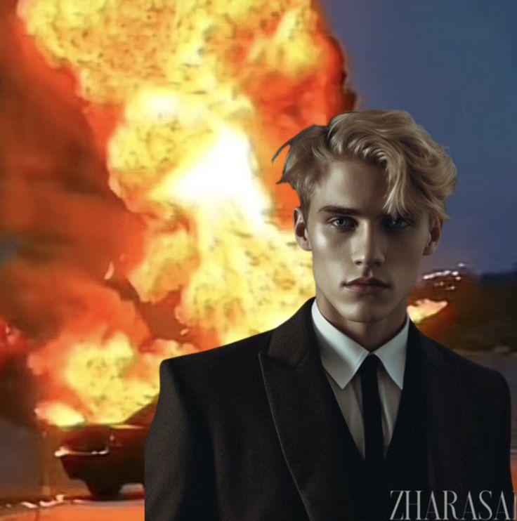 a man wearing a suit and tie in front of a fire filled sky with flames