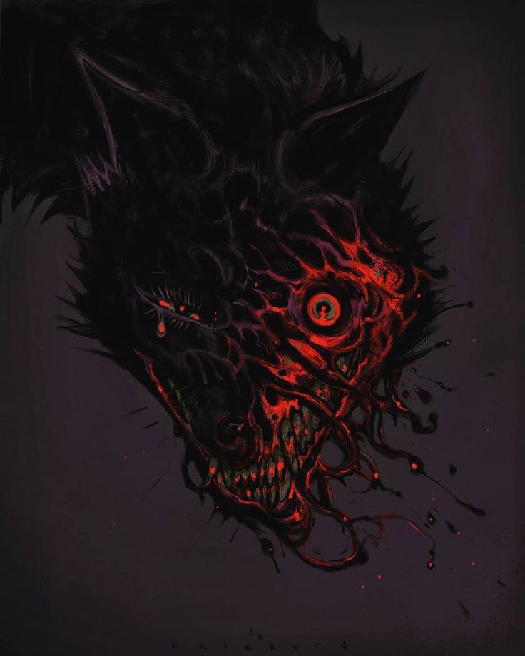 a demonic looking animal with red eyes and black hair