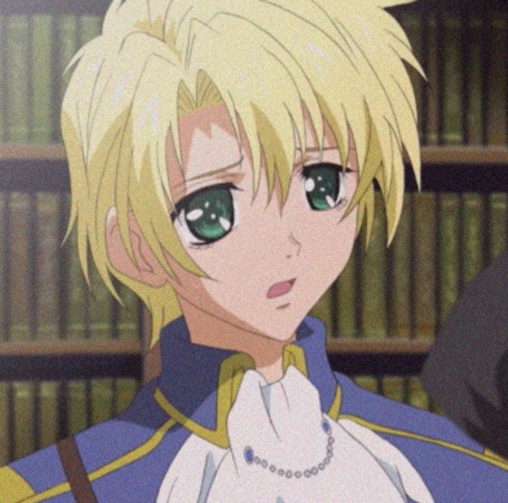 an anime character with blonde hair and green eyes standing in front of bookshelves