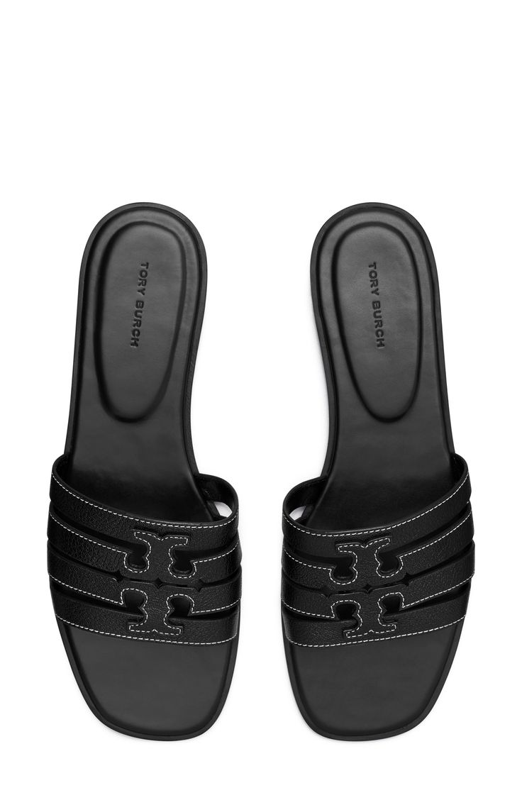 A dimensional Double-T logo stands out atop the strappy vamp of this breezy leather slide sandal. Leather upper and lining/rubber sole Imported Leather Slide Sandals, Leather Slides, Dream Shoes, Sandal Women, Slide Sandals, Tory Burch, Rubber Sole, Womens Sandals, Leather Upper