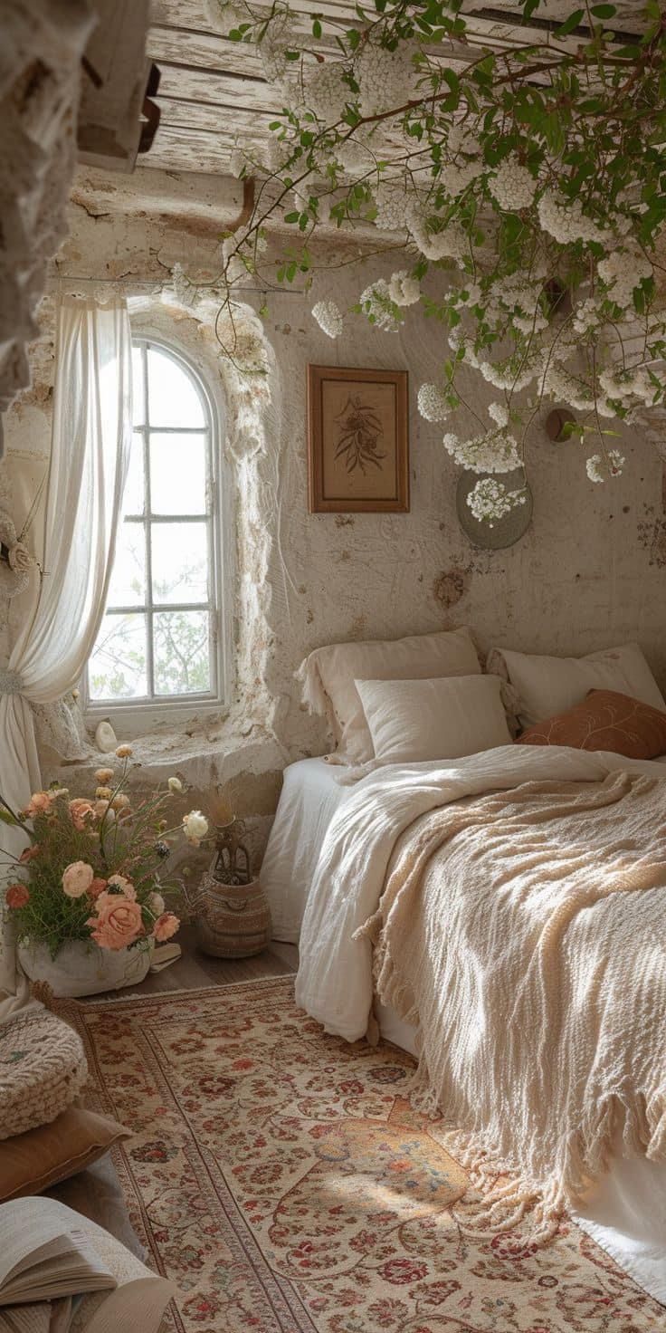 a bed sitting under a window next to a rug and table with flowers on it