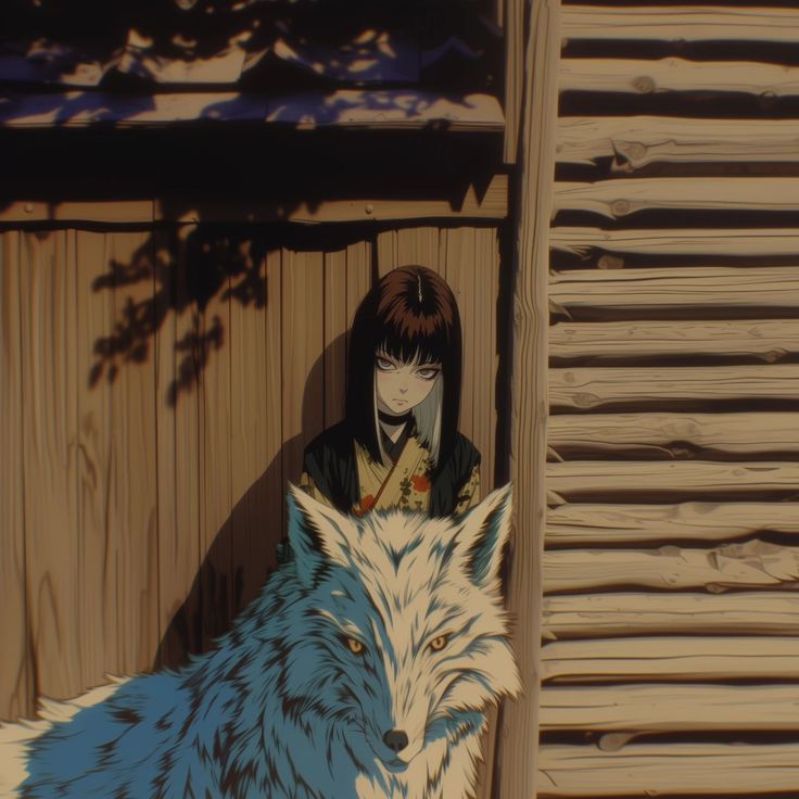 a woman standing next to a wolf in front of a wooden building