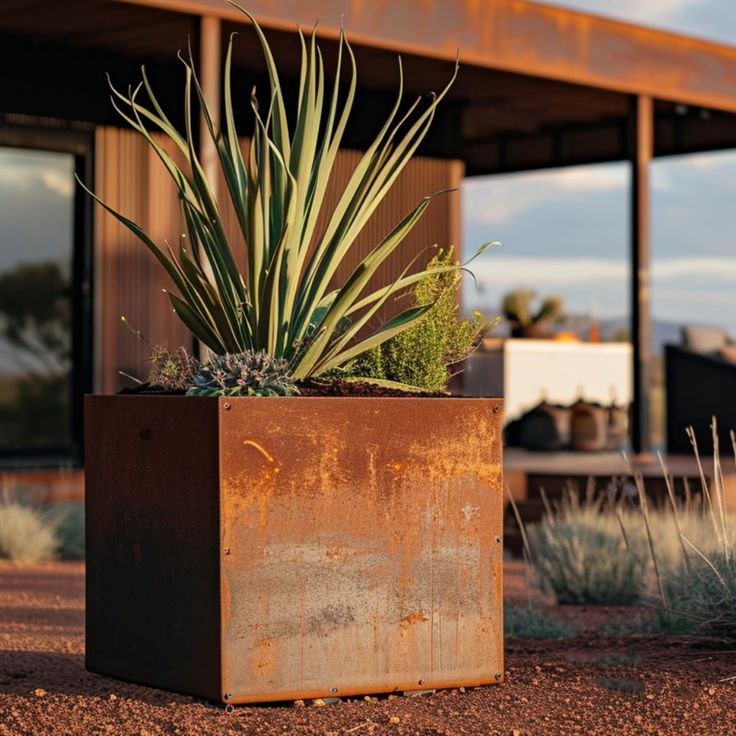 there is a plant that is sitting in a square pot on the dirt ground next to a building