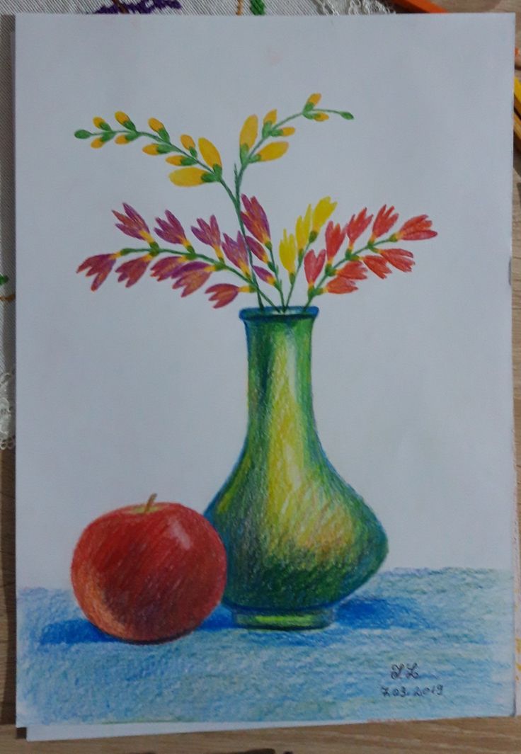 a drawing of a green vase with flowers and an apple on the table next to colored crayons